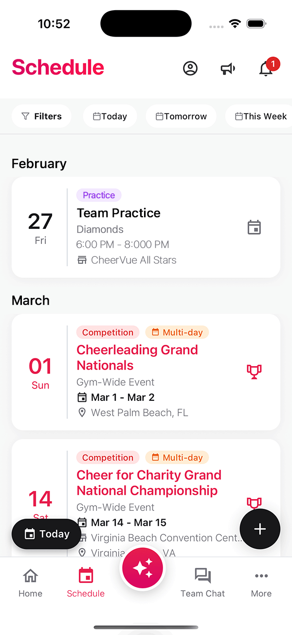 The CheerVue app schedule screen