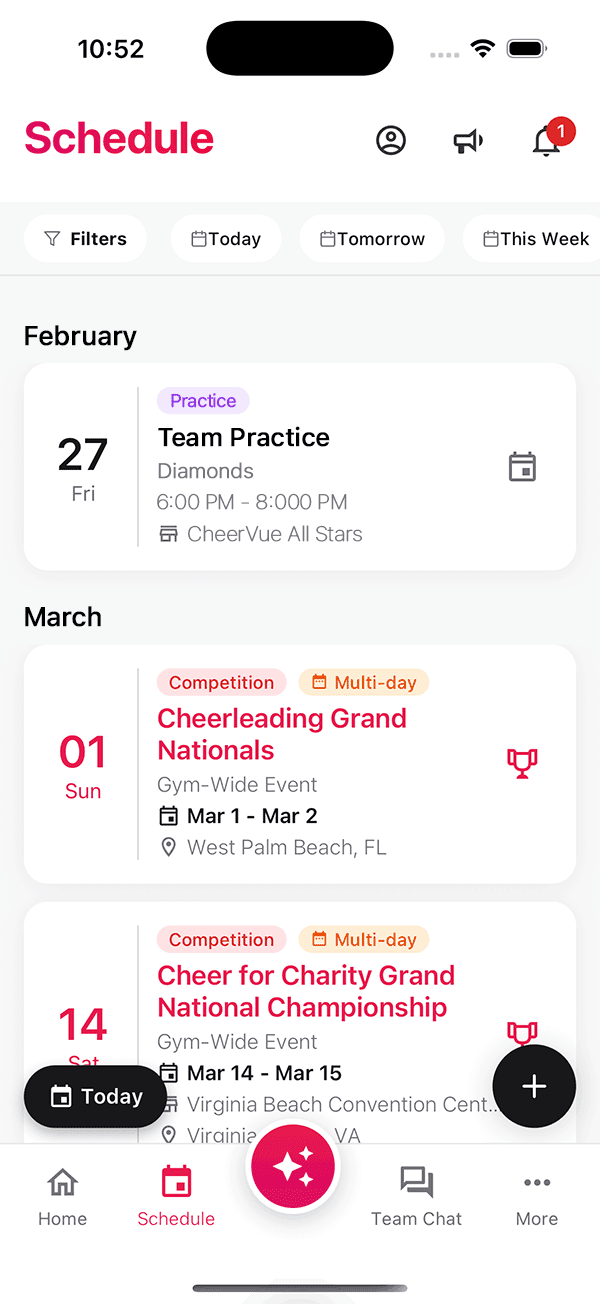CheerVue mobile app - Schedule